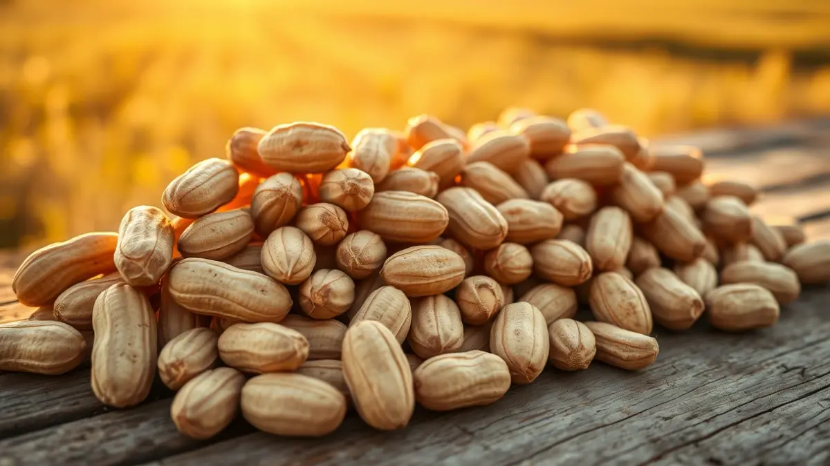 Image of traditional Valencian peanuts, some roasted and some raw, on a rustic wooden surface.