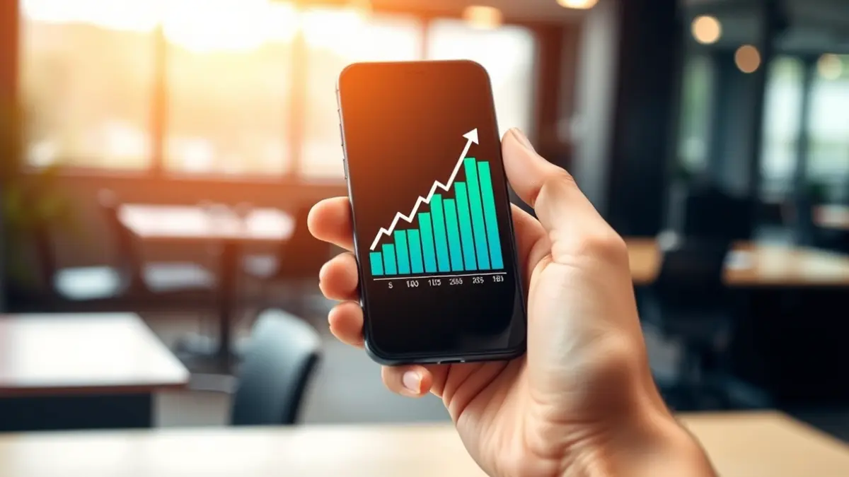 Generic image of economic growth and entrepreneurship, with a hand holding a smartphone displaying an upward financial graph.