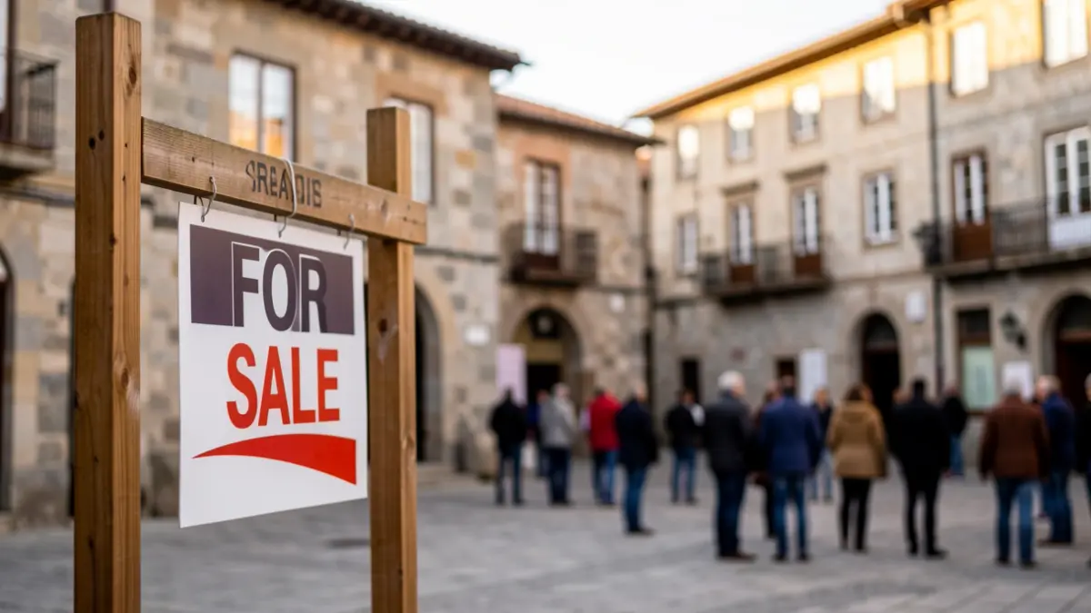 Imagen genérica de un cartel de 'En Venta' delante de edificios de granito en una plaza gallega.