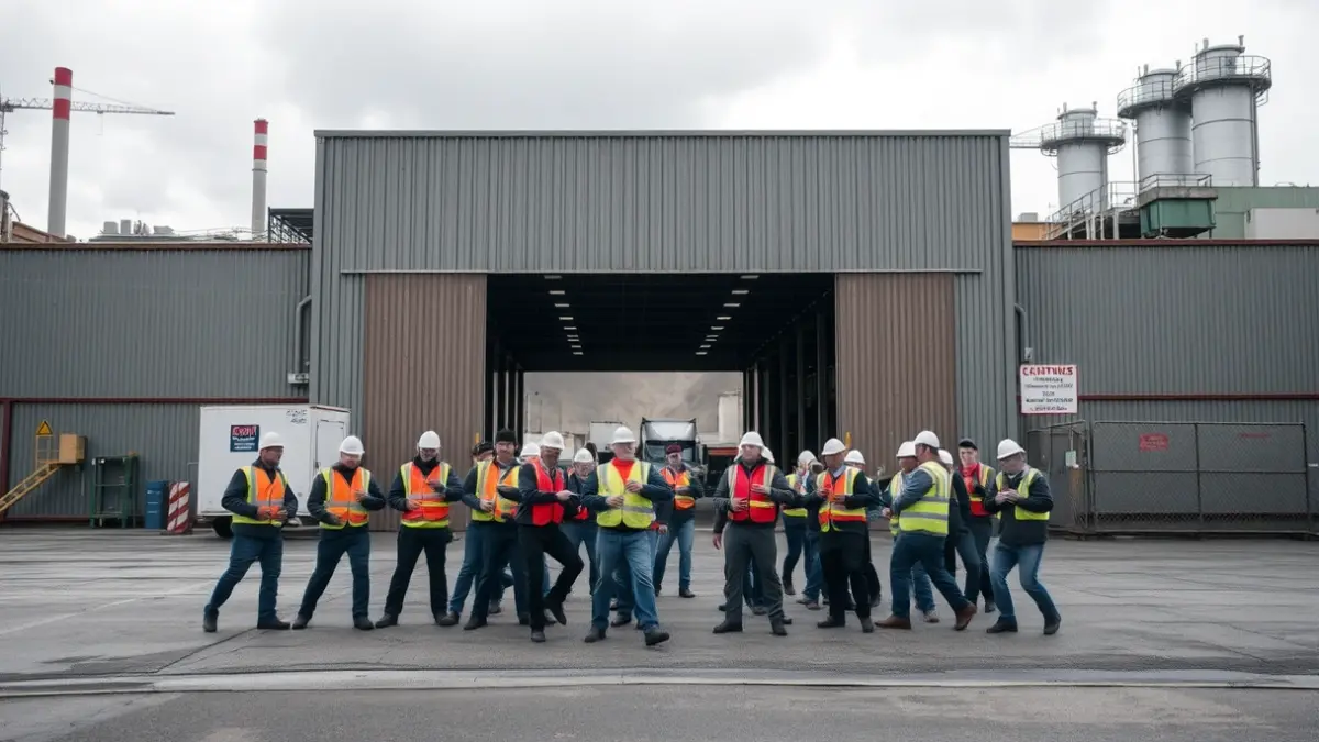 CAF workers blocking the main warehouse entrance in Beasain.