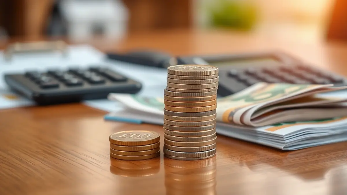 Imagen genérica de monedas y billetes de euro sobre un escritorio, con documentos financieros desenfocados al fondo, representando el crecimiento bancario.