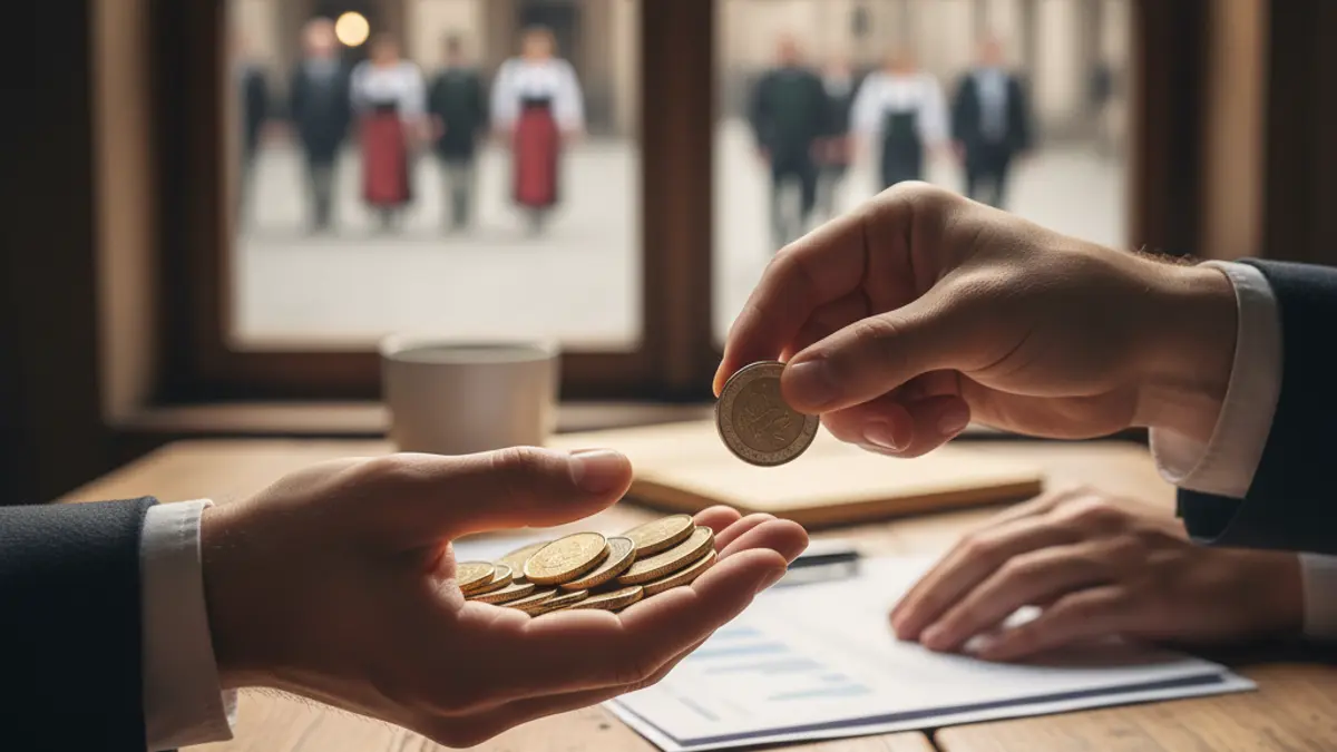Generic image of hands exchanging coins over a desk, symbolizing financial transactions.