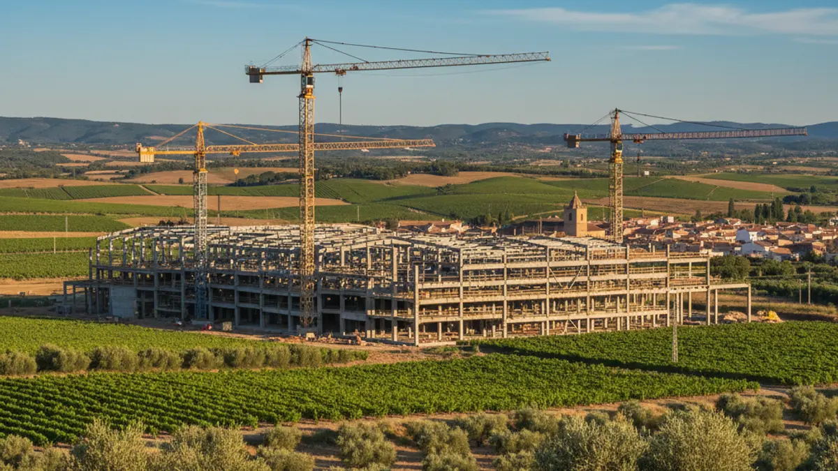Image of an industrial complex under construction in a rural Valencian landscape.