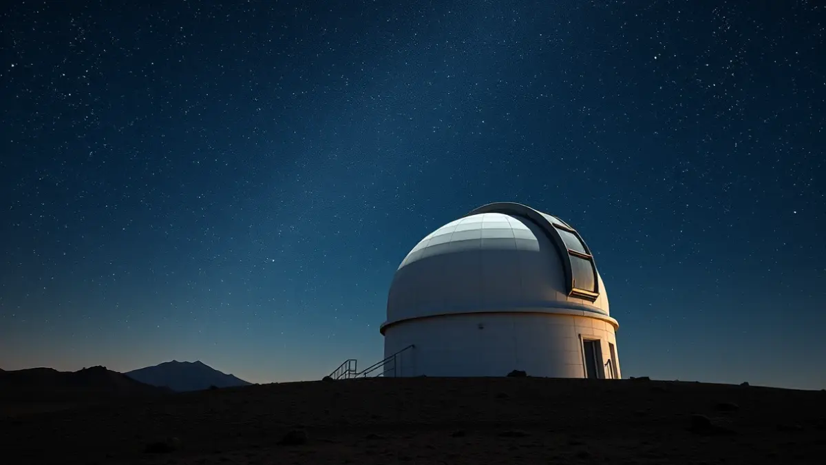 Image of an astronomical telescope in a volcanic landscape under a starry sky.