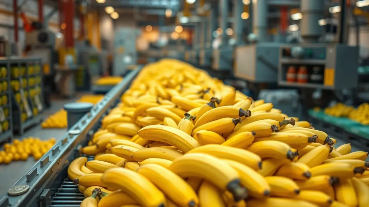 Generic image of bananas on a conveyor belt in a processing plant.