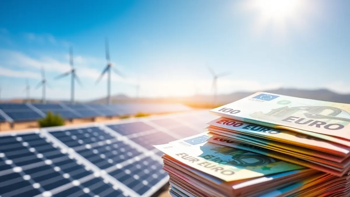 Image of euro banknotes with a blurred background of solar panels and wind turbines, representing renewable energy funding.