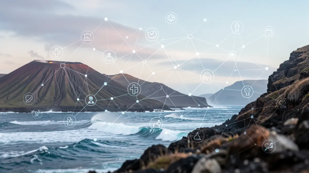 Imagen genérica de la transformación digital de la sanidad en Canarias con elementos tecnológicos y paisajes volcánicos.