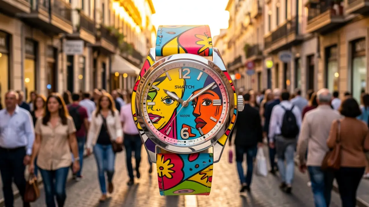 Image of a limited edition Swatch watch with a Pop Art design.