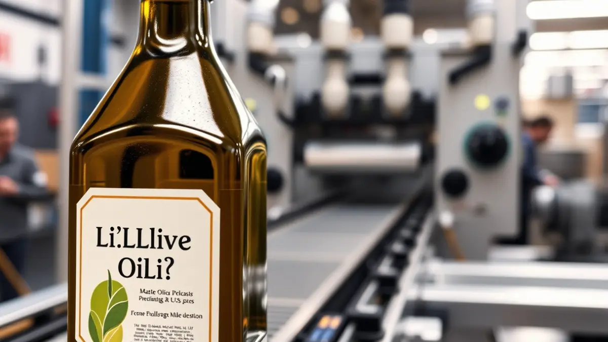 Generic image of an olive oil bottle on an industrial production line.
