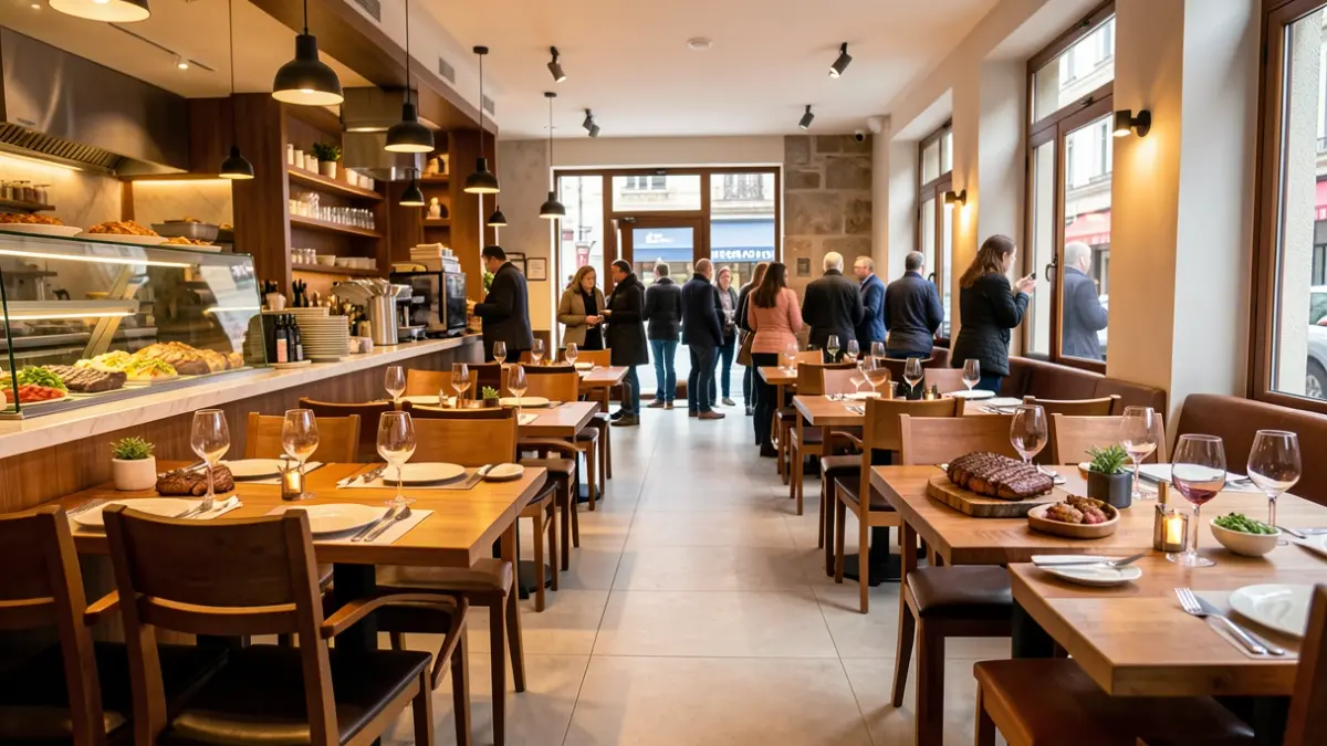 Interior de un restaurante moderno en Galicia con mesas de madera e iluminación cálida.