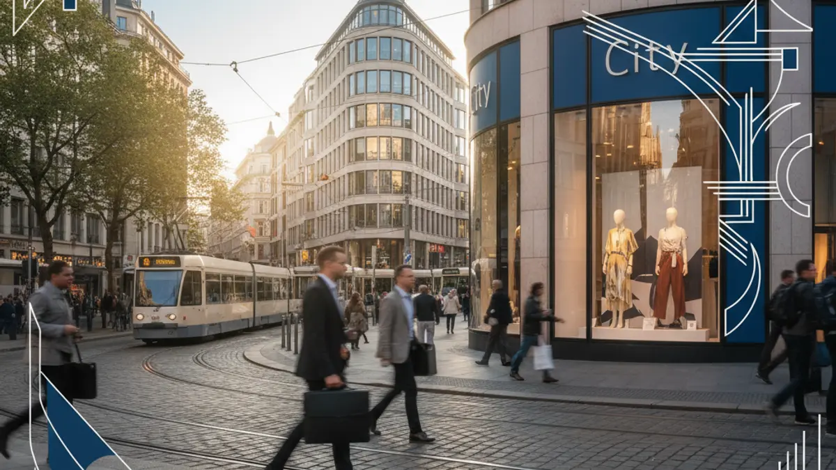 Imagen de una esquina urbana con tráfico peatonal y edificios de oficinas, con un establecimiento comercial en primer plano.