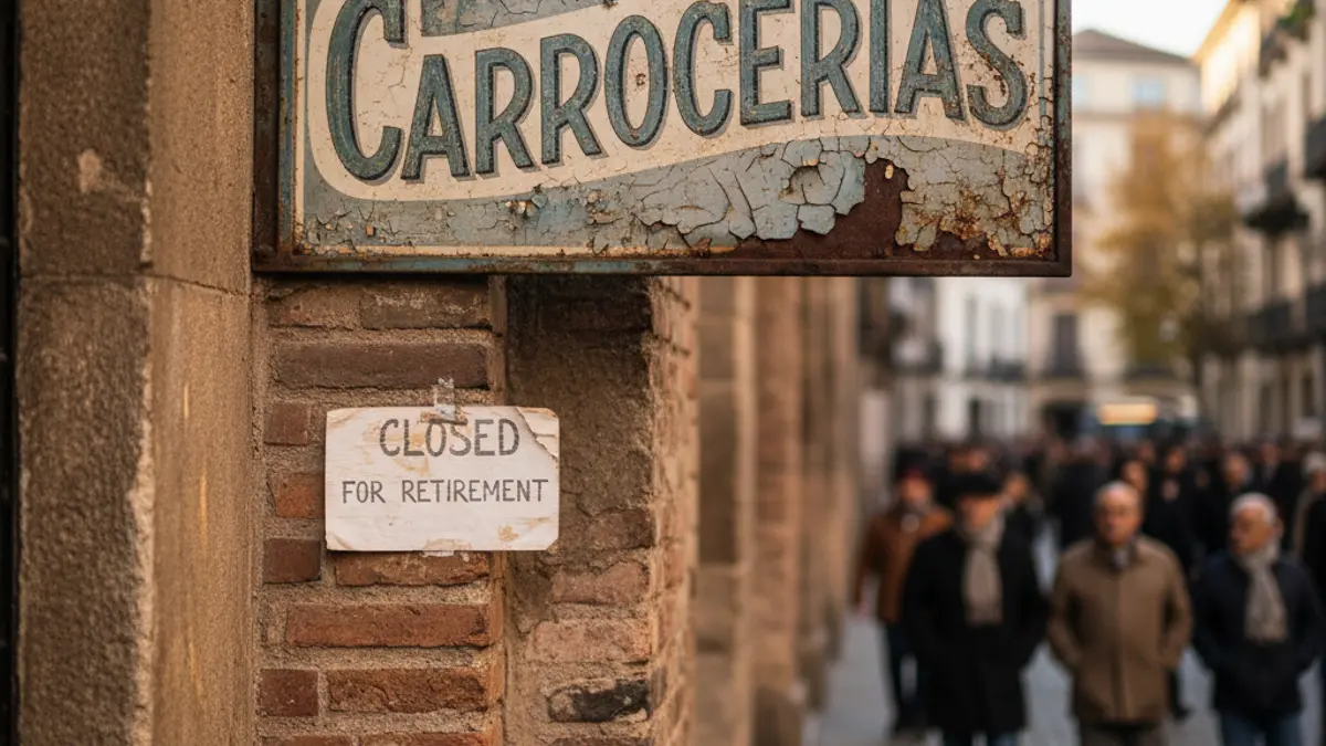 Letrero antiguo de 'Carrocerías Benigno' en una fachada, con un cartel de 'Cerrado por jubilación'.