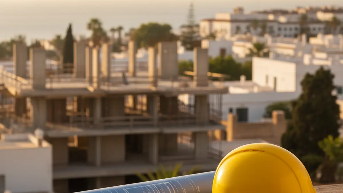 Generic image of construction blueprints and a hard hat on a table.