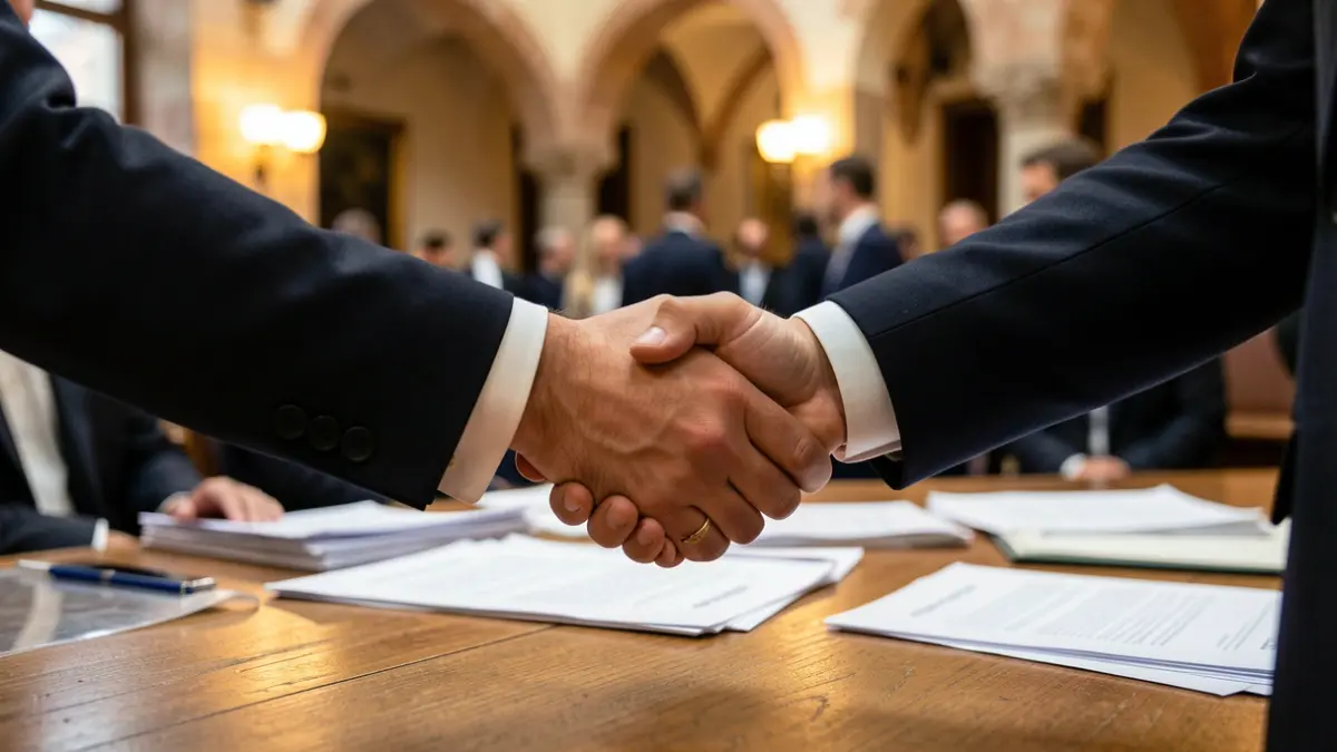 Imagen genérica de dos personas dándose la mano sobre una mesa de despacho.