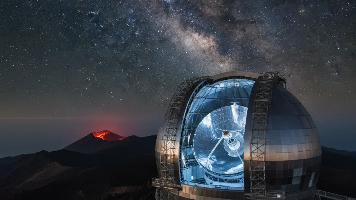 Image of the Gran Telescopio Canarias under a starry sky, highlighting its dome and structure.