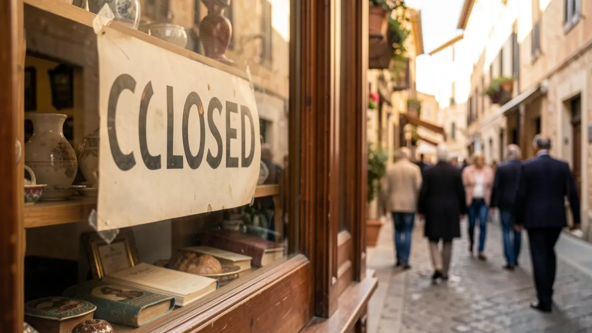 Escaparate de un comercio tradicional con un cartel de cierre.