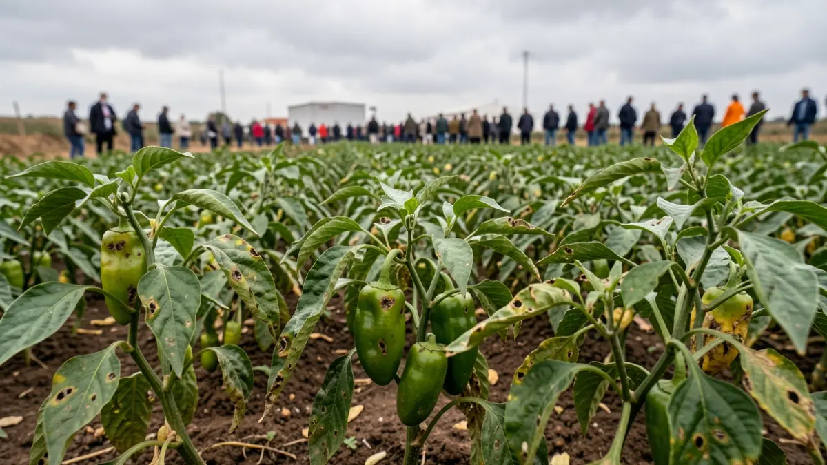 Imagen de campos de pimientos en Almería afectados por plagas y adversidades climáticas.