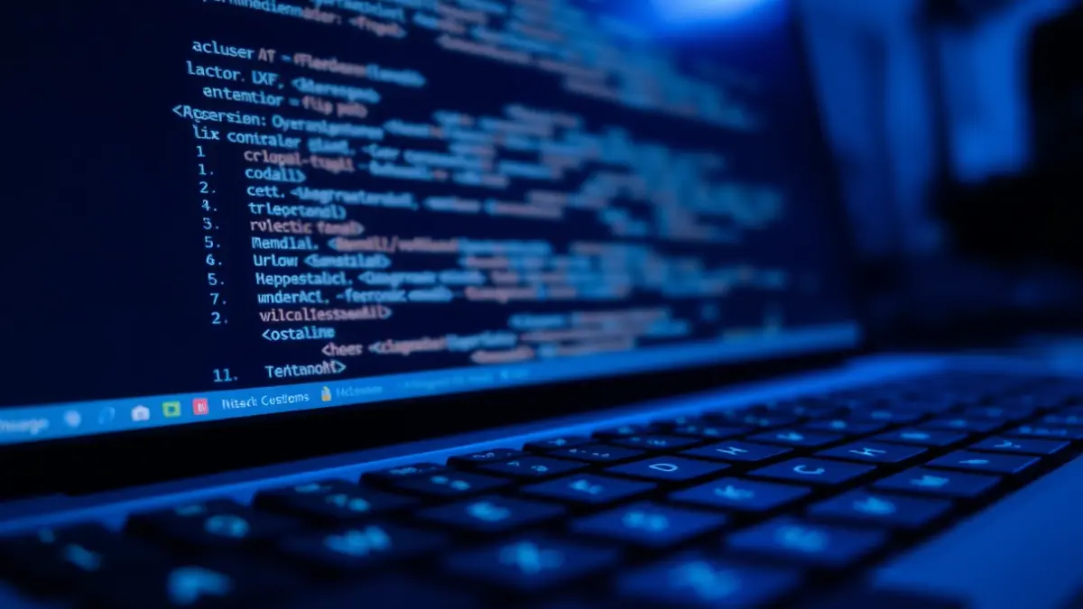 Generic image of a computer keyboard with code on screen, representing cybersecurity.