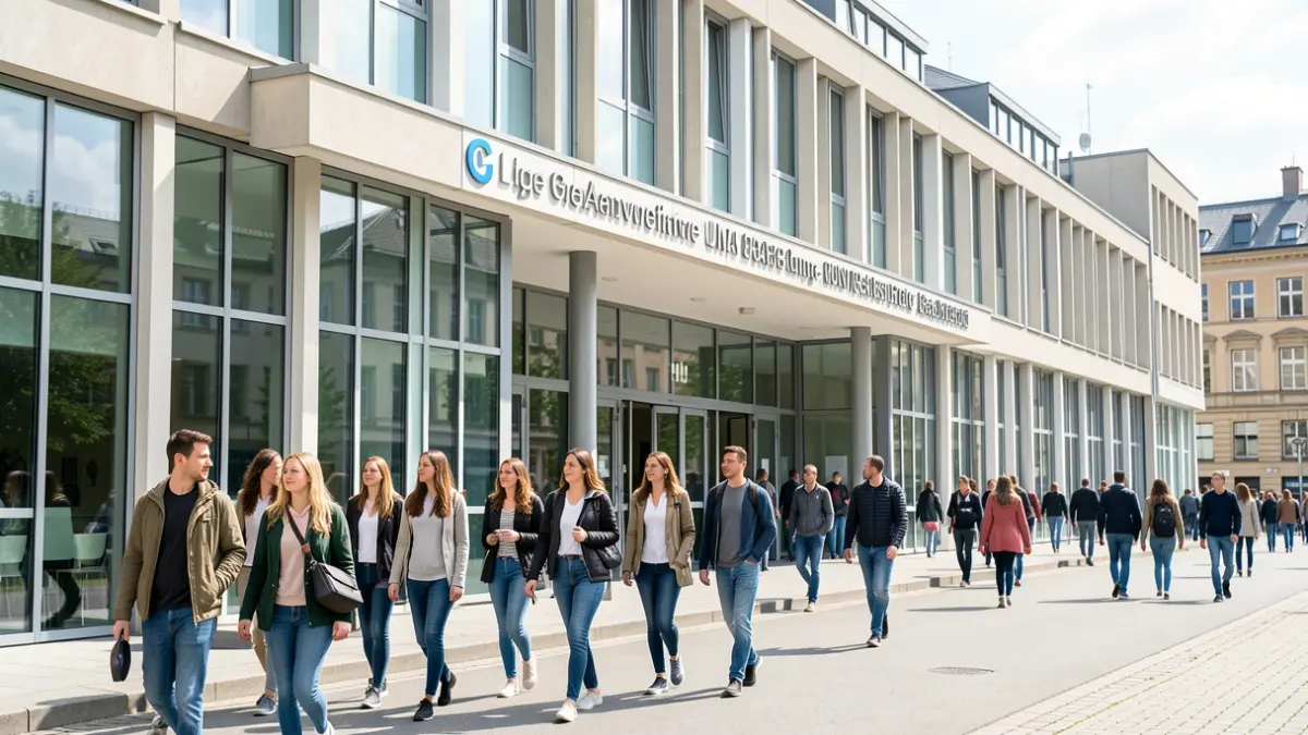 Facade of a modern university building with students.