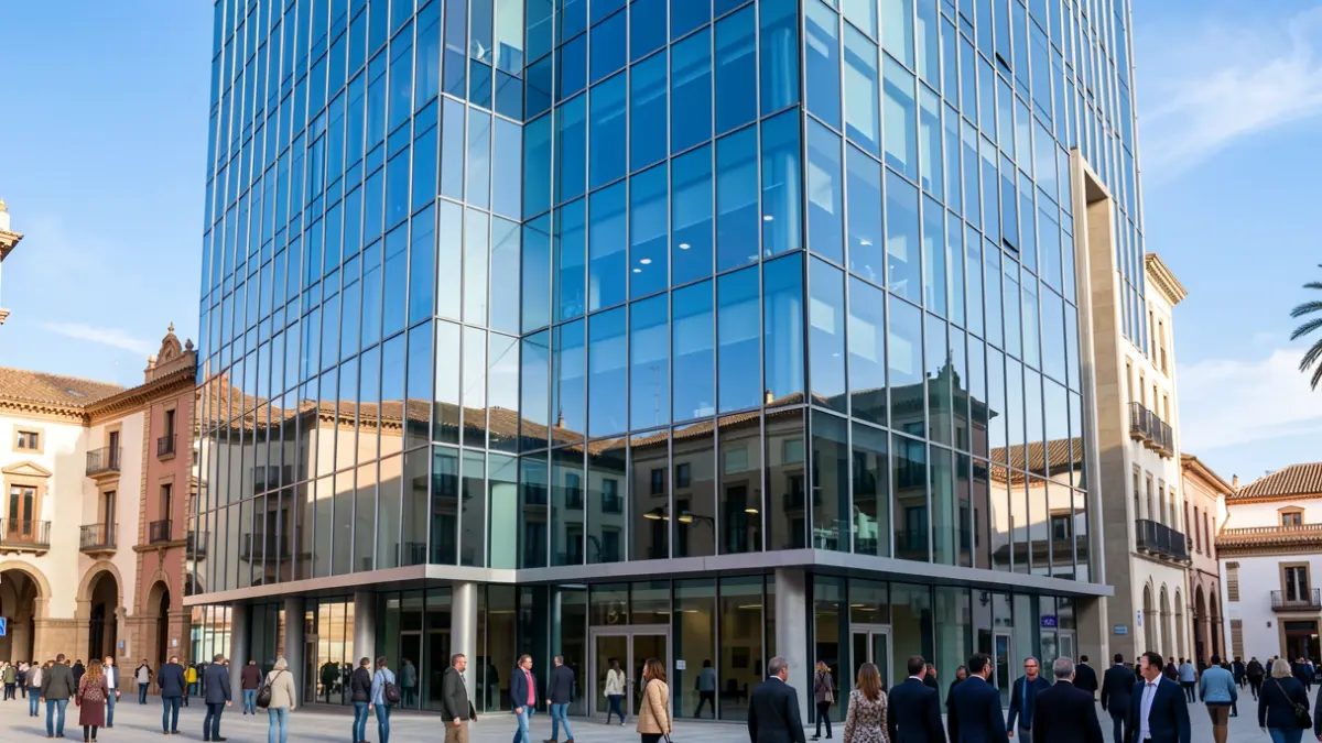 Generic image of a modern office building with Andalusian architecture.