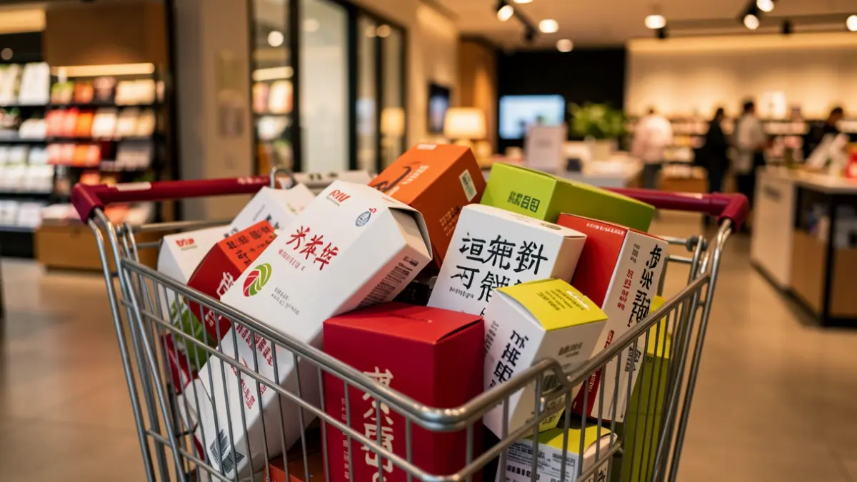 Image of online shopping packages in a shopping cart.