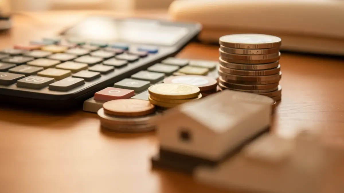 Imagen genérica de una calculadora y monedas de euros sobre una mesa de madera, con una llave de casa delante.