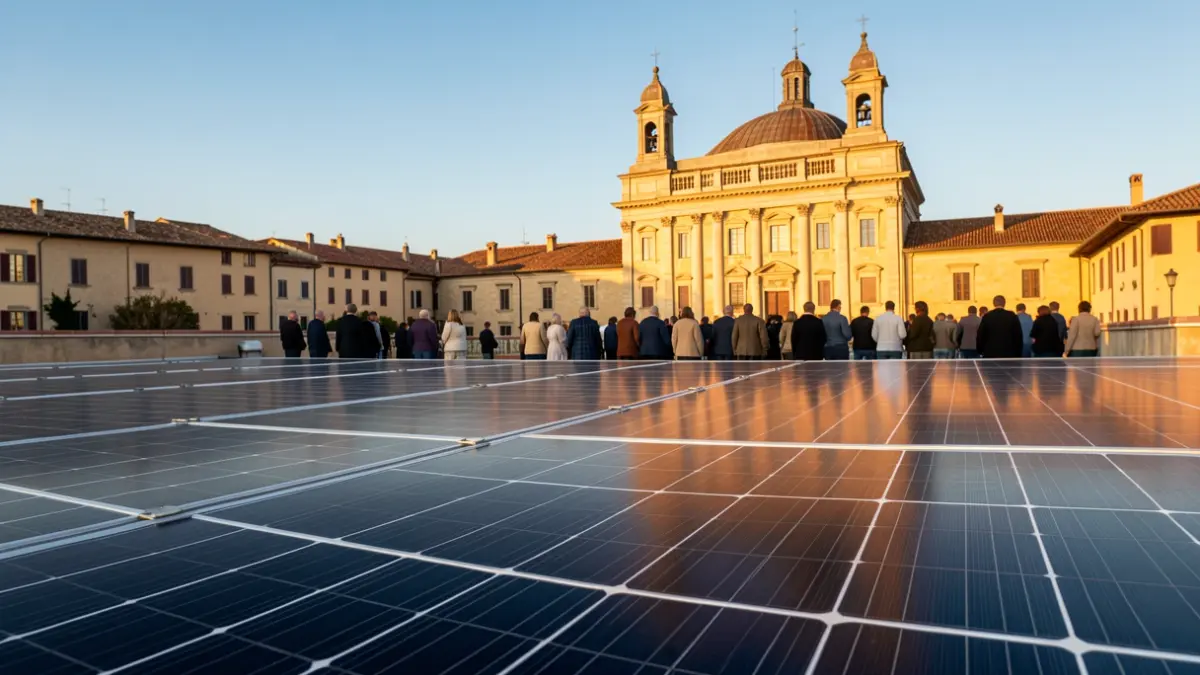 Generic image of solar panels on a rooftop with a public building in the background.