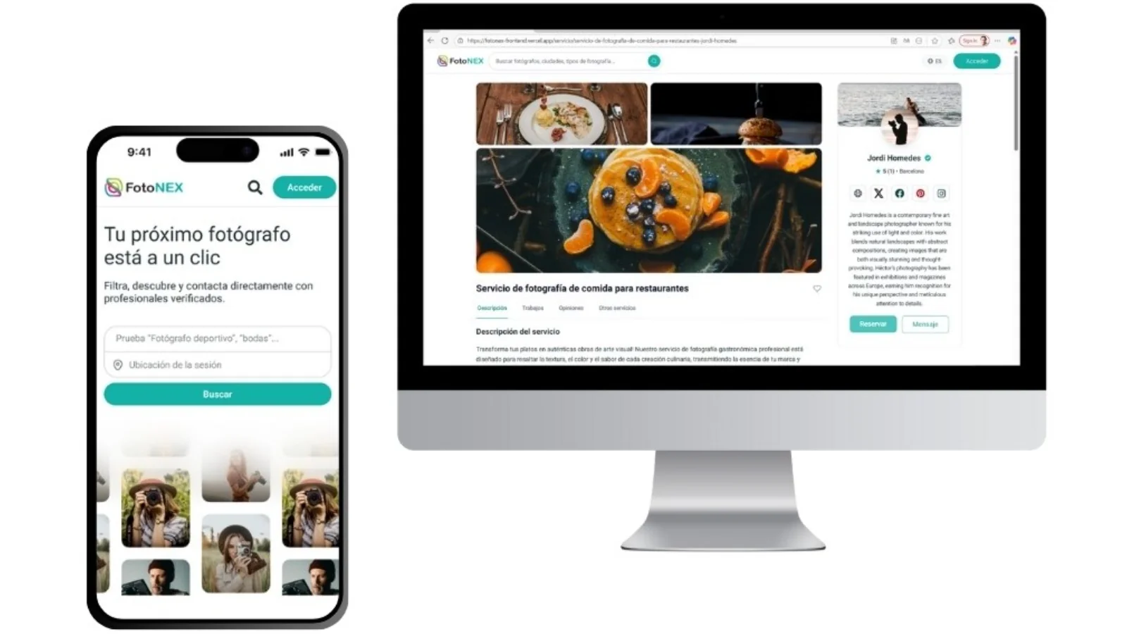 FotoNEX plataforma para reservar fotógrafos profesionales online. FotoNEX facilita la búsqueda y reserva online de fotógrafos y videógrafos profesionales desde una plataforma digital nacida en Barcelona. Imagen de la plataforma FotoNEX mostrada en versión móvil y escritorio, donde los usuarios pueden buscar, comparar y reservar servicios de fotógrafos y videógrafos profesionales online.