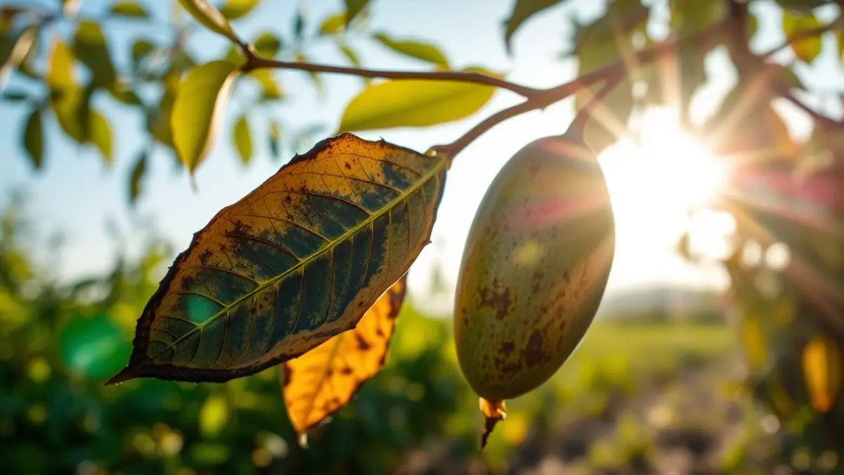 Image of burnt avocado and mango leaves after a fire on an agricultural farm.