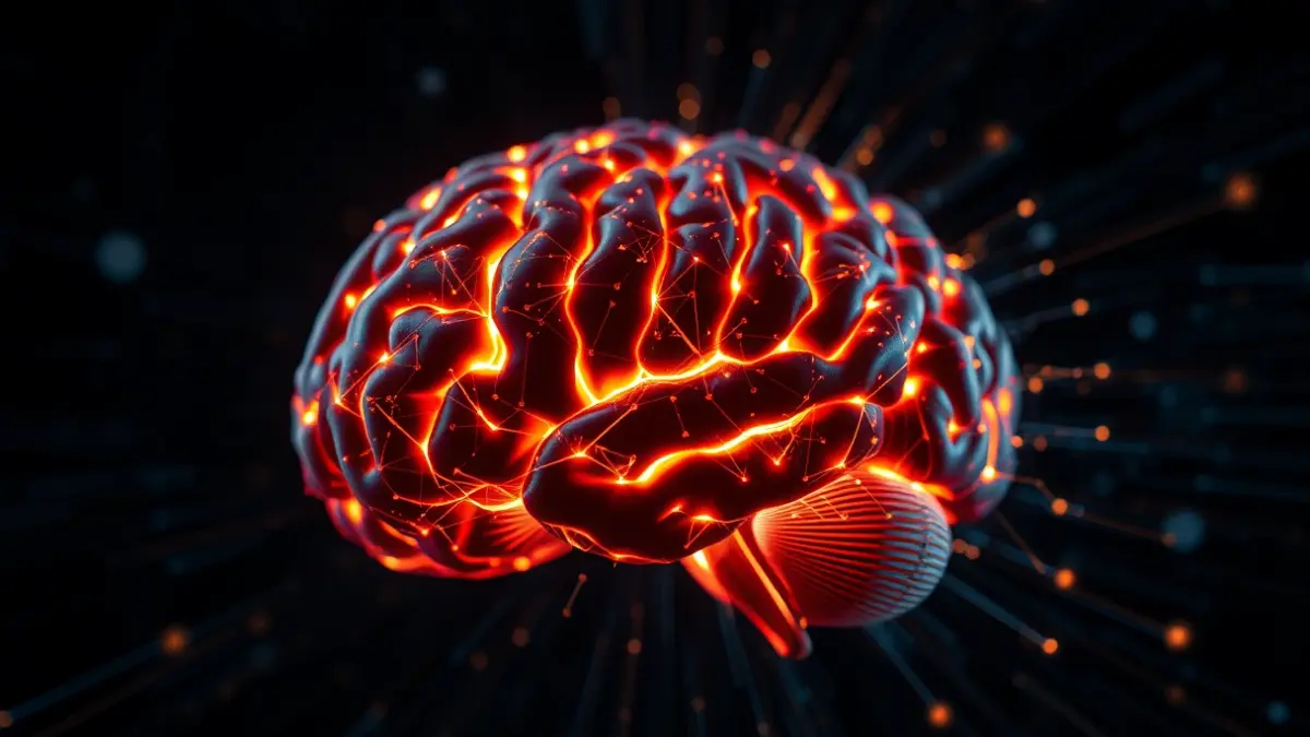 Imagen genérica de un cerebro humano con vías neuronales brillantes y patrones digitales abstractos.