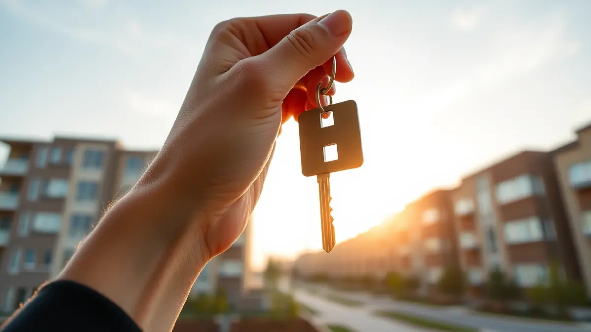 Generic image of a hand holding a house key, with residential buildings in the background.