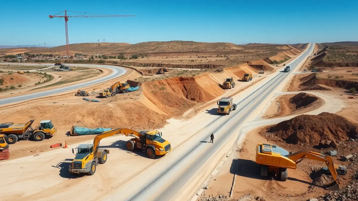 Image of urbanization works with heavy machinery on a sunny terrain.