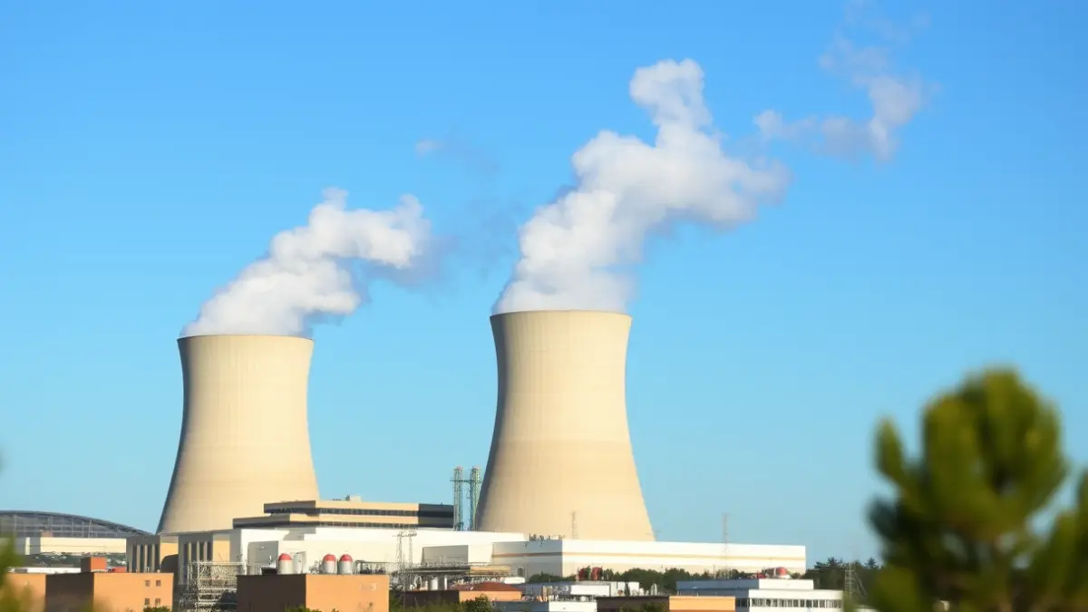 Image of a nuclear power plant with cooling towers, in a Mediterranean landscape.