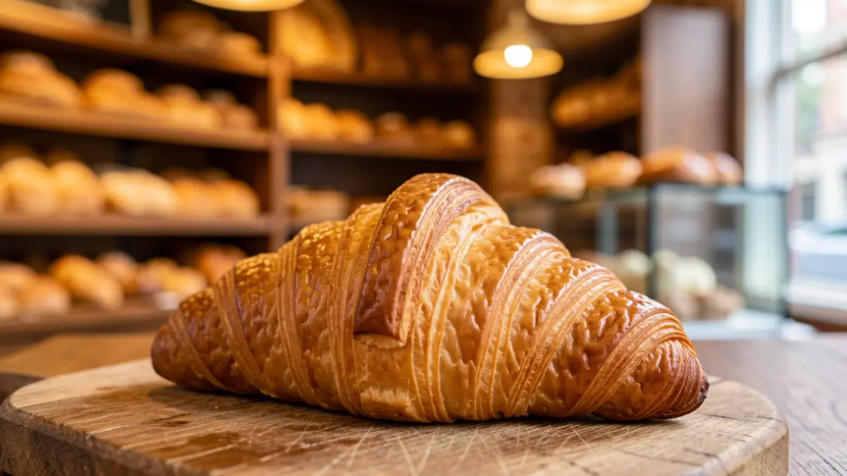 Primer plano de un croissant de mantequilla recién horneado sobre una tabla de madera.