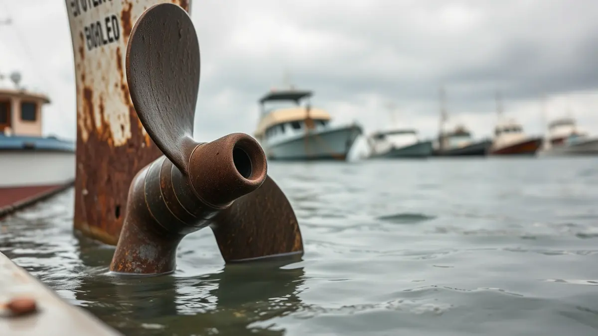 Image of a rusty boat propeller at a dock, symbolizing abandoned vessels.