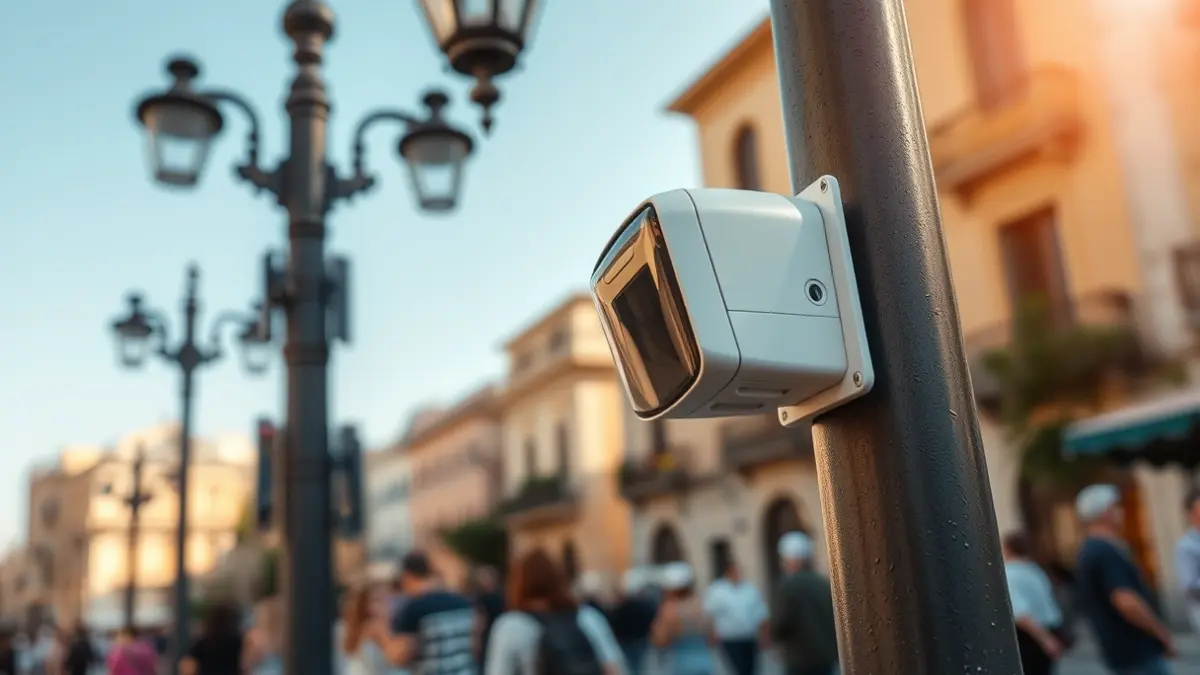Imagen genérica de un sensor moderno instalado en una farola en una ciudad mediterránea, con personas y edificios difuminados al fondo.