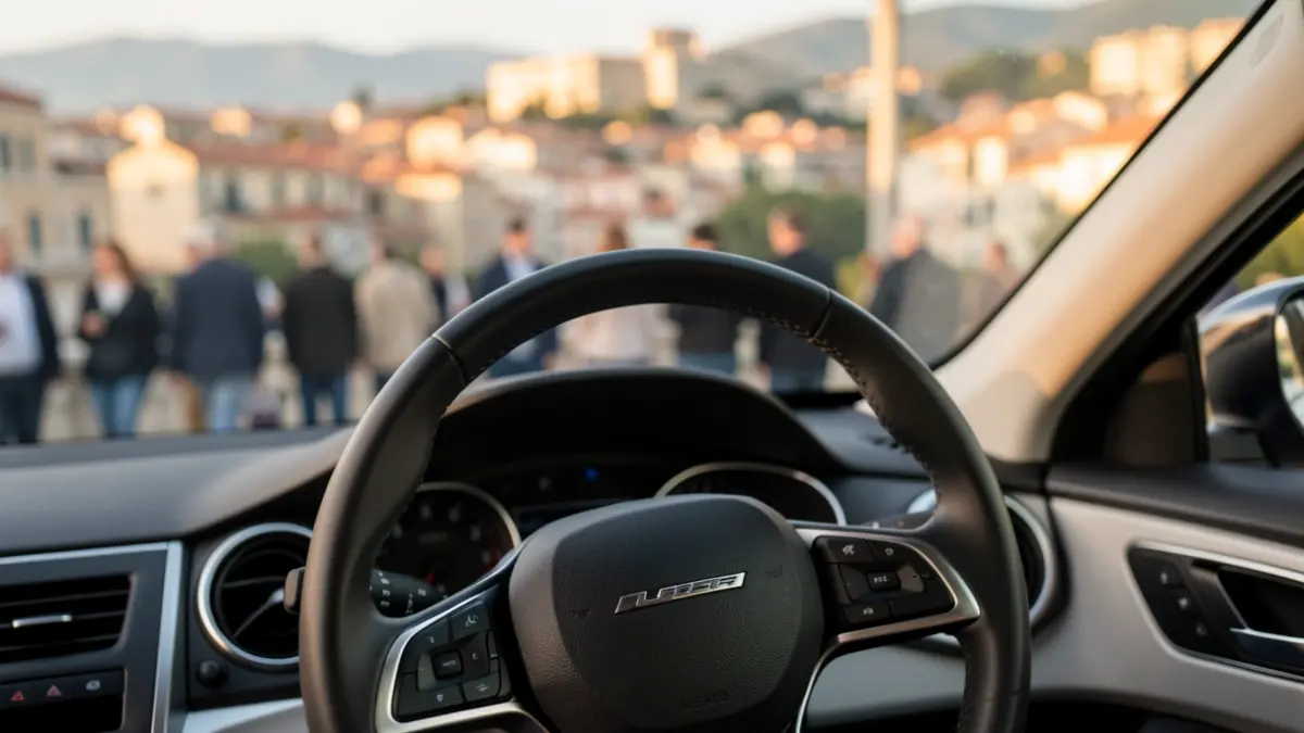 Imagen genérica de un volante de coche con Barcelona al fondo.