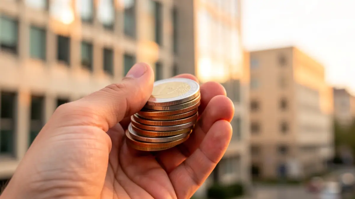 Imagen genérica de monedas de euro y un edificio de oficinas desenfocado.