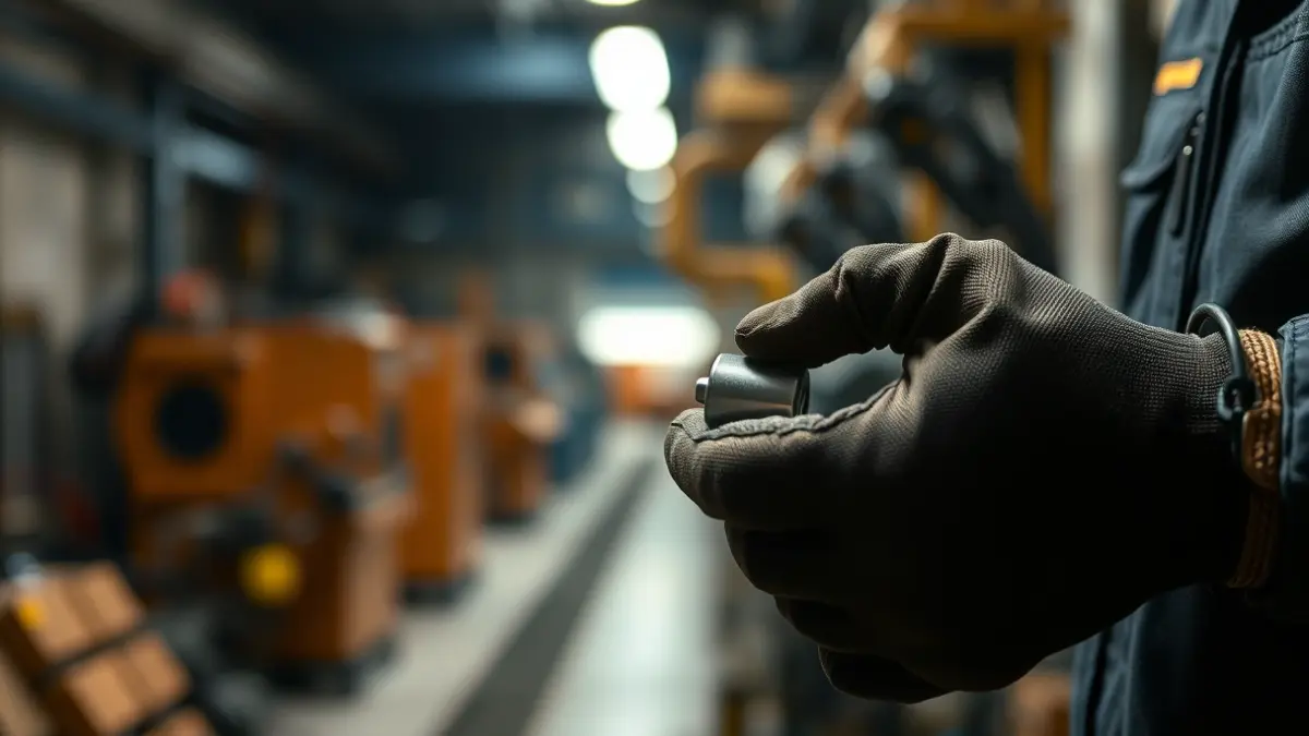 Worker's hands with protective gloves in an industrial setting.
