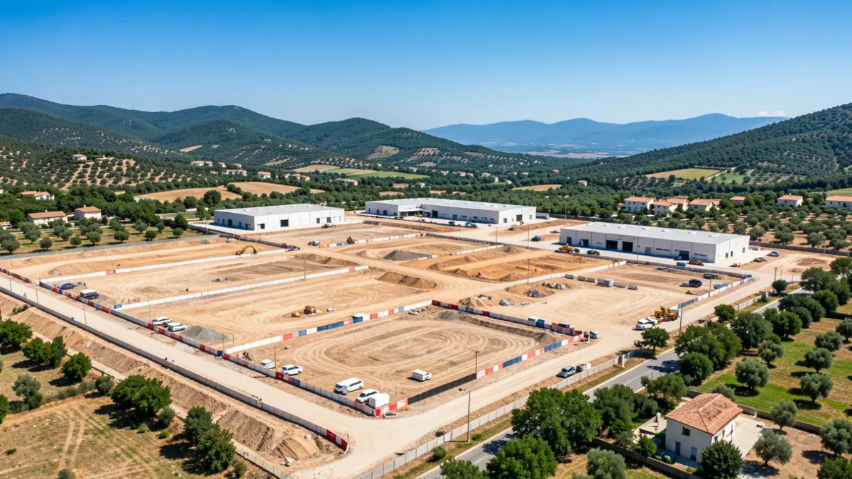 Generic image of an industrial park under construction in a Mediterranean setting.