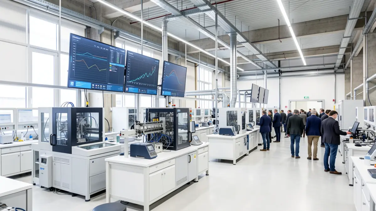 Generic image of a modern industrial laboratory in Eibar, featuring advanced machinery and digital screens displaying data.