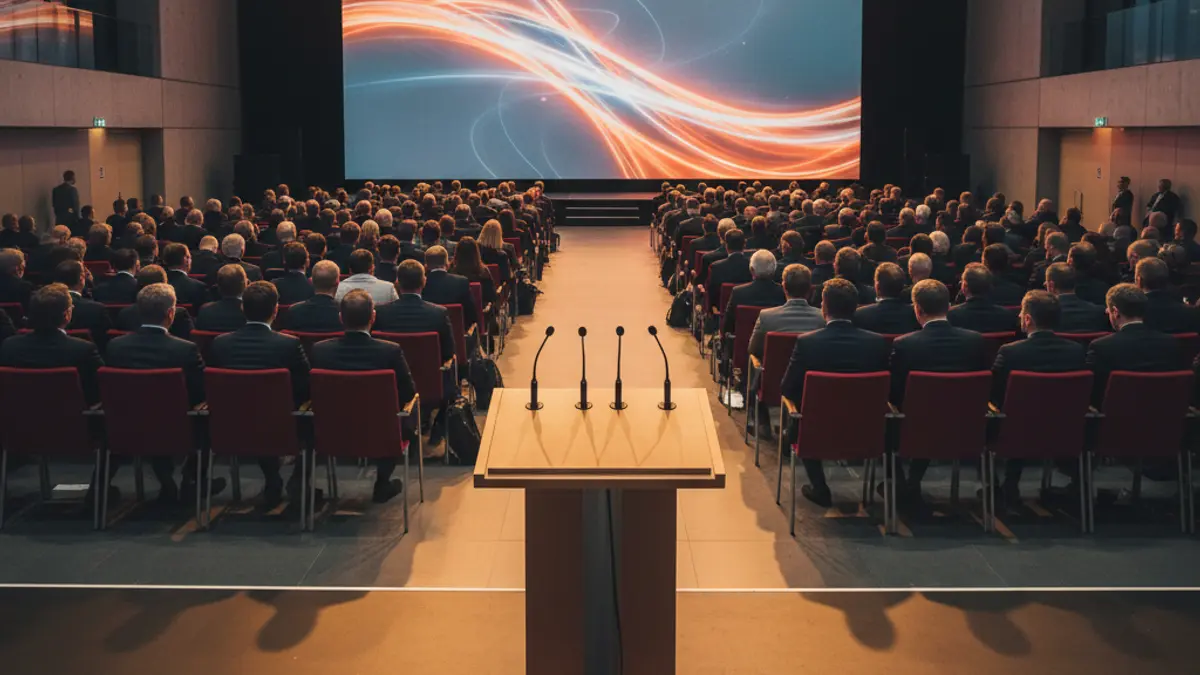 Imagen genérica de un moderno salón de eventos de negocios con escenario y micrófonos.