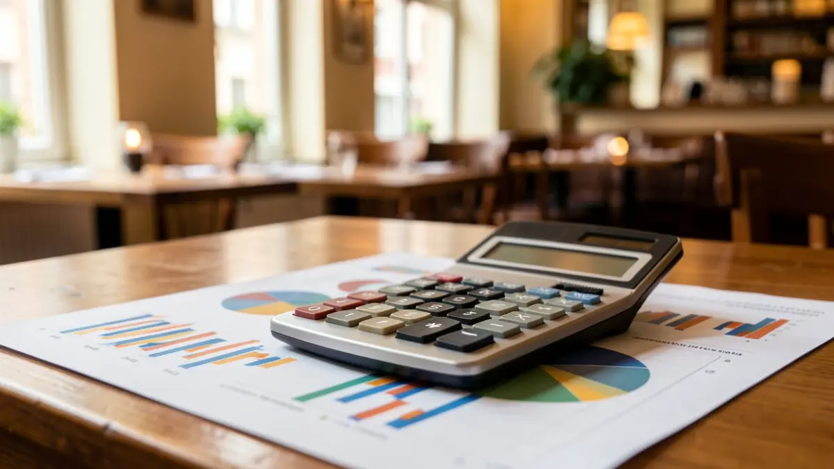 Imagen genérica de una calculadora y gráficos financieros sobre una mesa de restaurante.