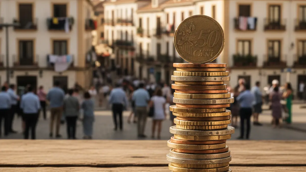 Generic image of euro coins on a table, with apartment buildings in the background, representing rising rental prices.