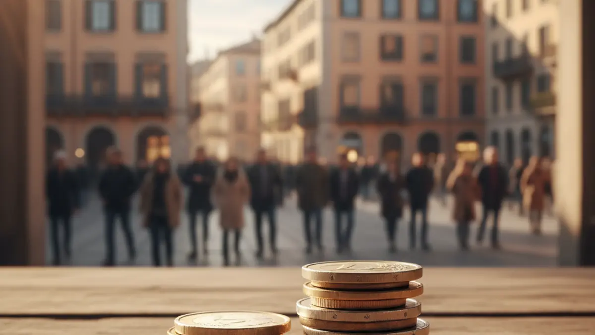 Imagen genérica de monedas sobre una mesa, con edificios de apartamentos borrosos al fondo.