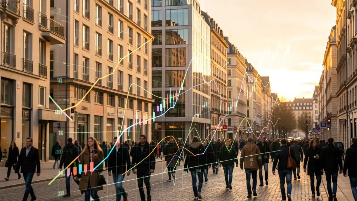 Generic image of a European city with financial graphics.