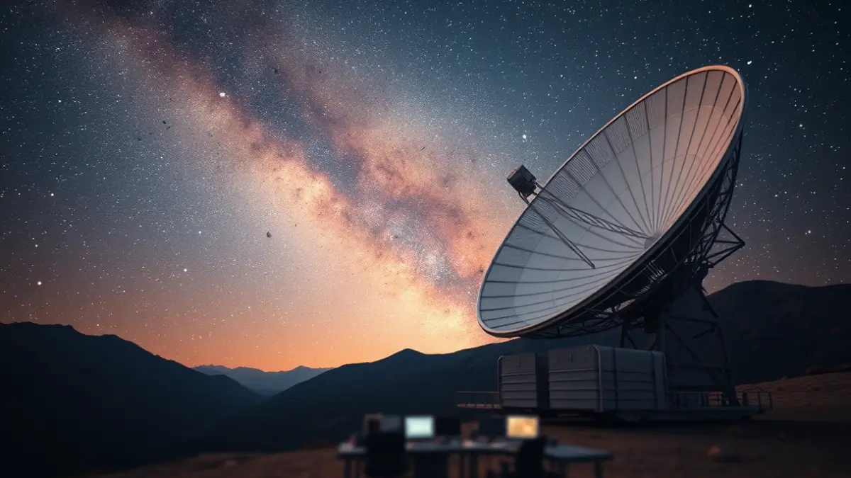 Image of a space communication satellite dish under a starry sky.
