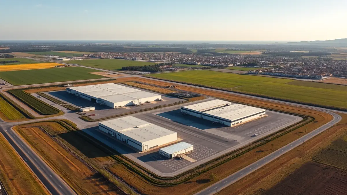 Imagen genérica de un parque industrial moderno con naves y parcelas vacías, rodeadas de campos verdes y un pueblo mediterráneo a la distancia.