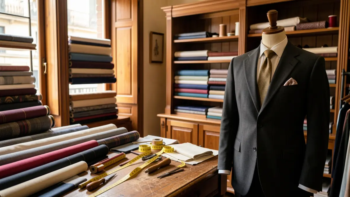 Interior of a historic tailor shop in Madrid with fabrics and a bespoke suit.