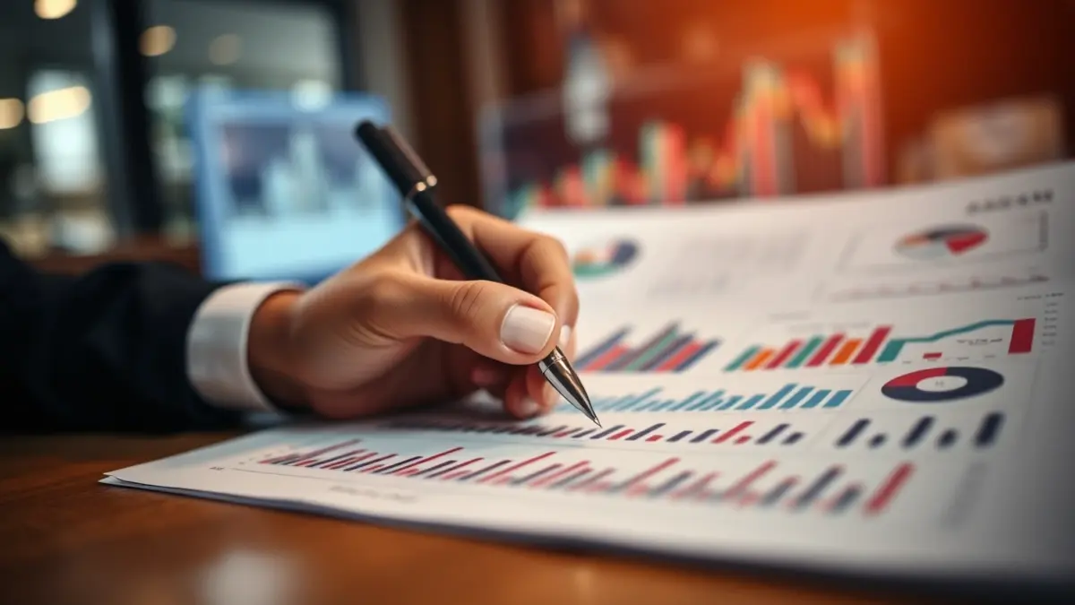 Generic image of a hand analyzing a financial report.